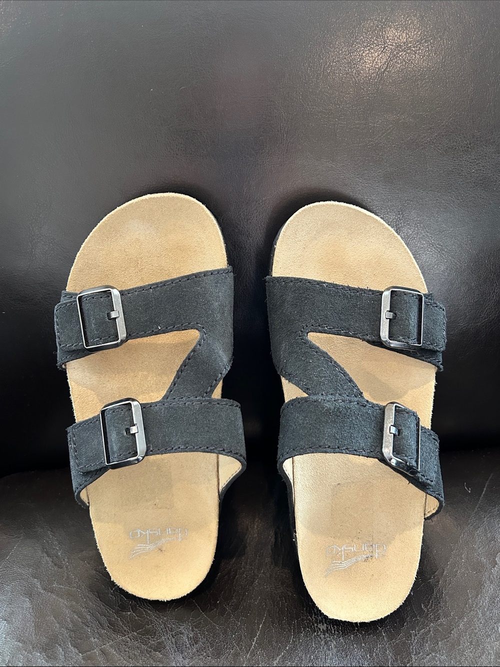 Dansko Black Suede Double Buckle Slide Sandals
